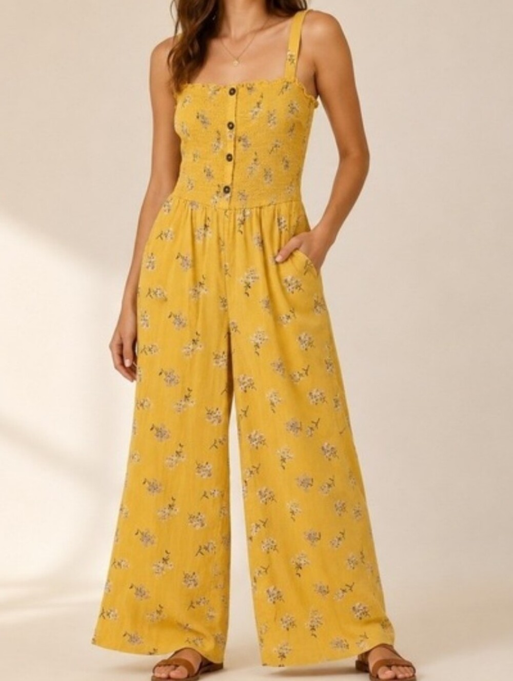 Hollister Yellow Boho Floral Smocked Button-Front Wide-Leg Jumpsuit Size XS